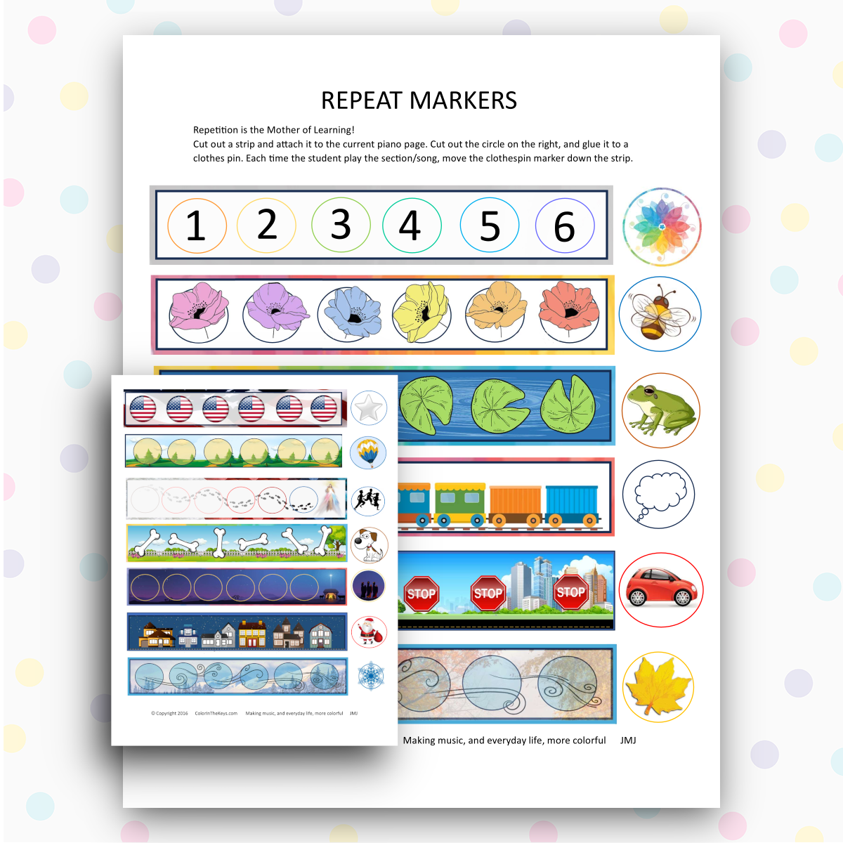Color in the Keys Repeat Repetition Tracker Marker Clothespin Practice Song