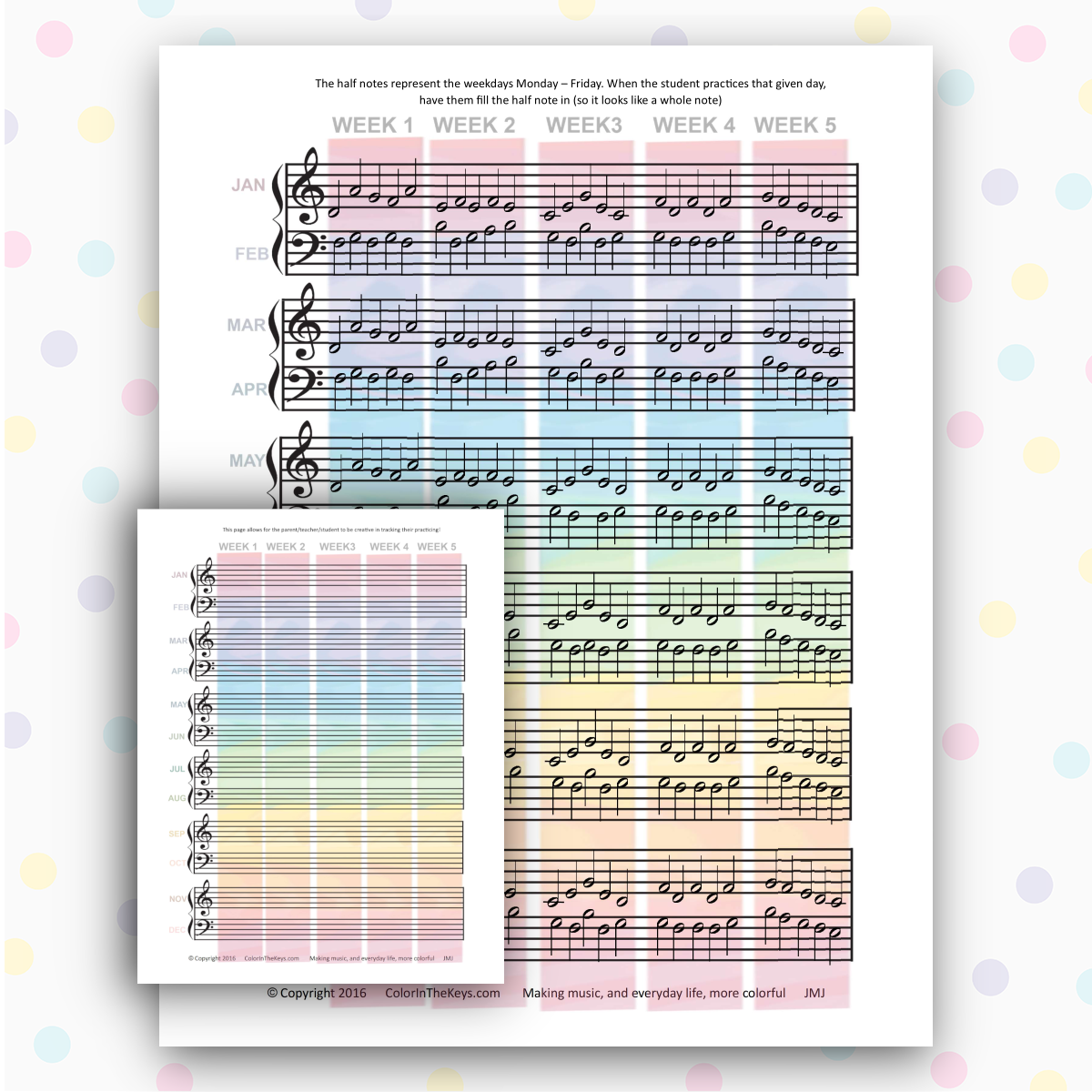Color in the Keys practice tracker for beginner piano students