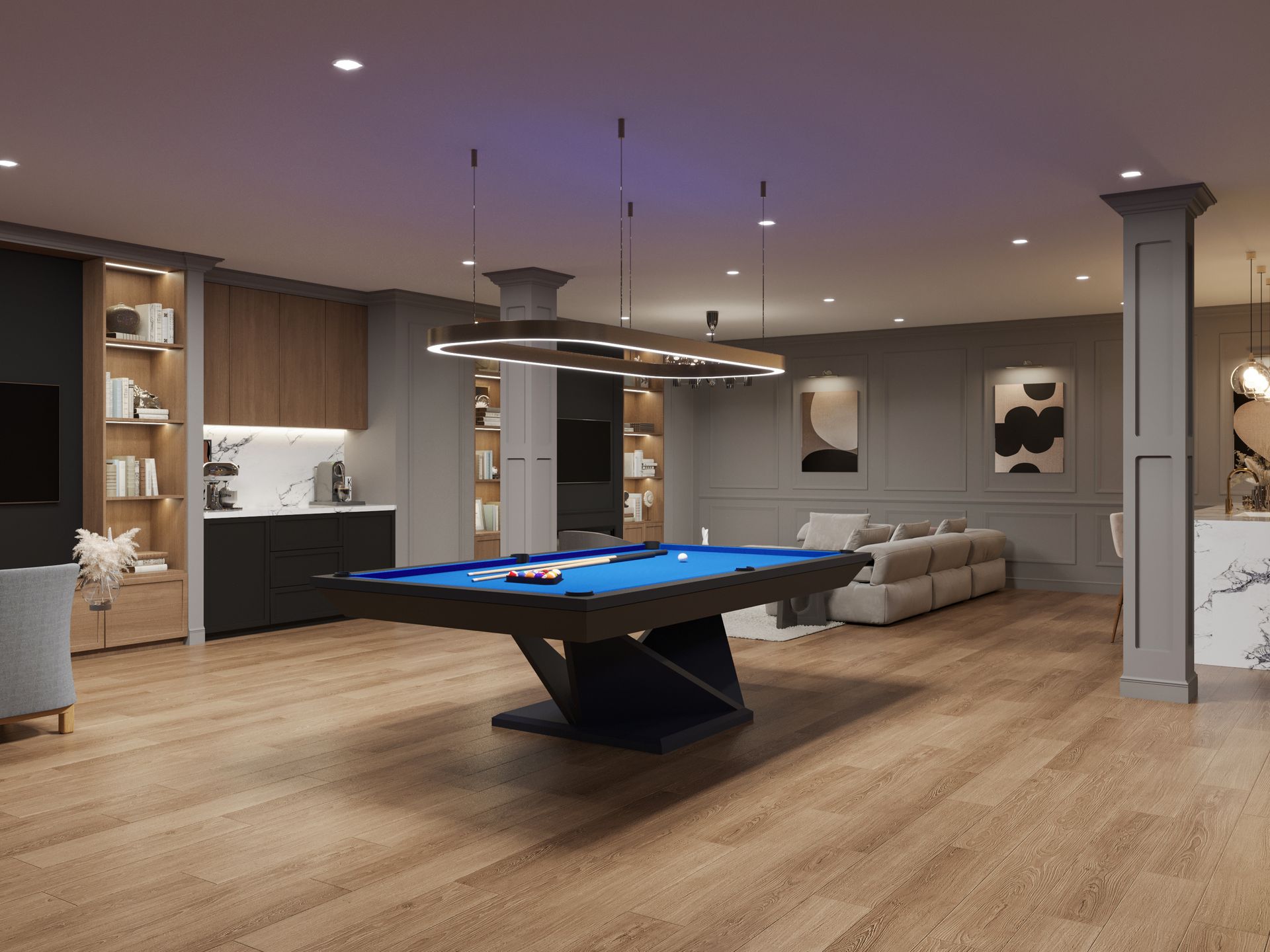 An aerial view of a river surrounded by trees and buildings