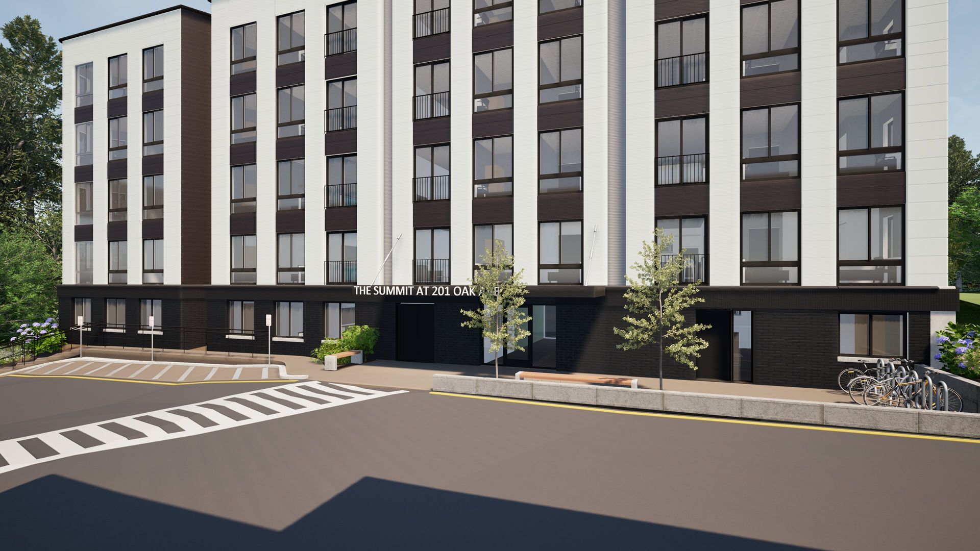 An artist 's impression of a large apartment building with trees in front of it.