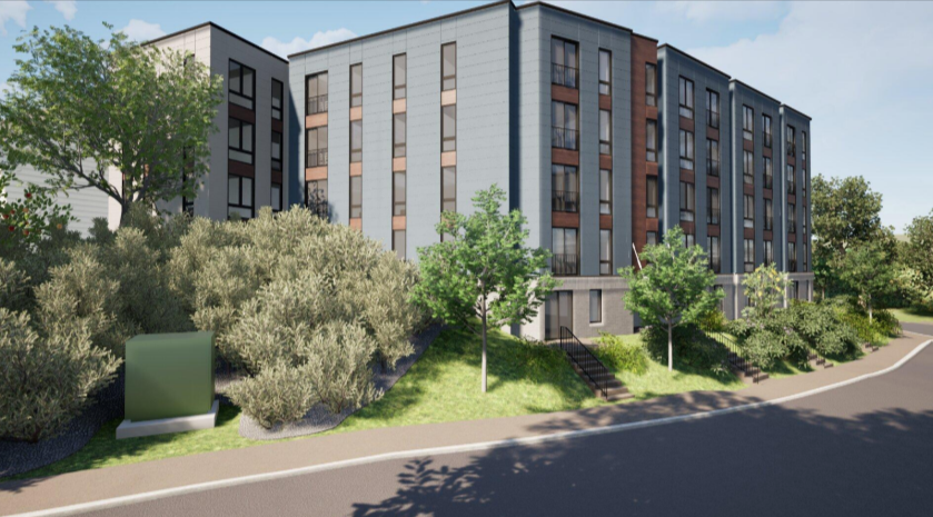 An artist 's impression of a large apartment building with trees in front of it.