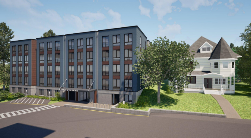 An artist 's impression of a large apartment building next to a small white house.