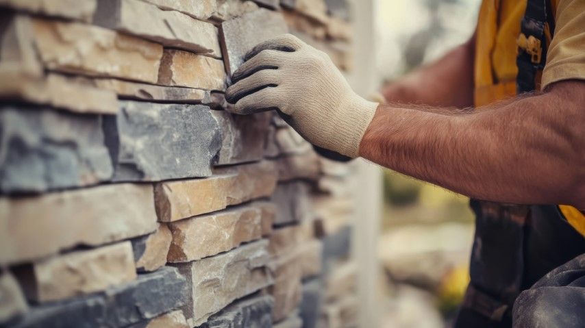 Gloved worker installing stacked stone veneer on an exterior wall