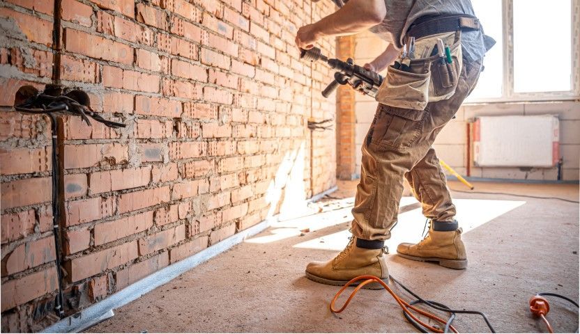 Worker using a power drill to install a wall in a sunlit brick room under renovation