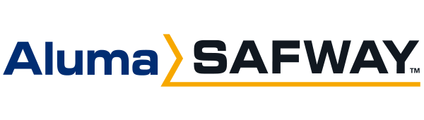 Le logo d'aluma safway est bleu et jaune sur fond blanc.