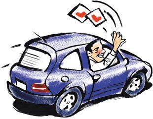  Cartoon of man driving car throwing L Plates out of the window