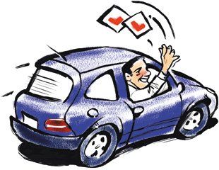For expert driving lessons, Do It! School o Motoring on 01239 802 590 Cartoon of man driving car throwing L Plates out of the window