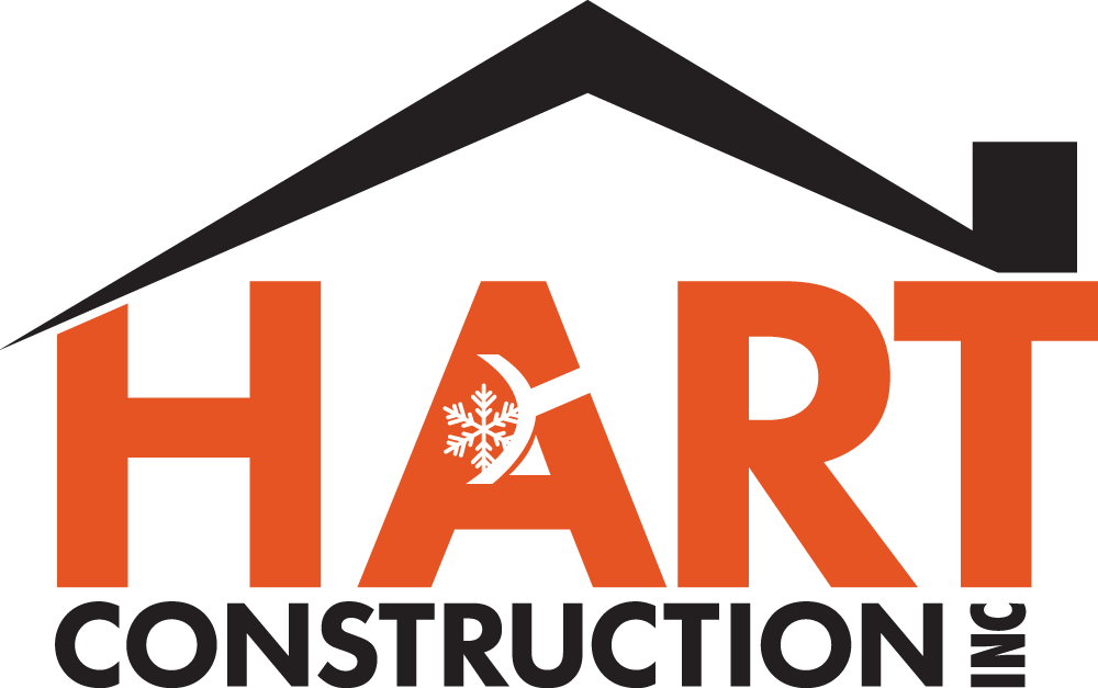 the hart construction logo is orange and black with a roof .
