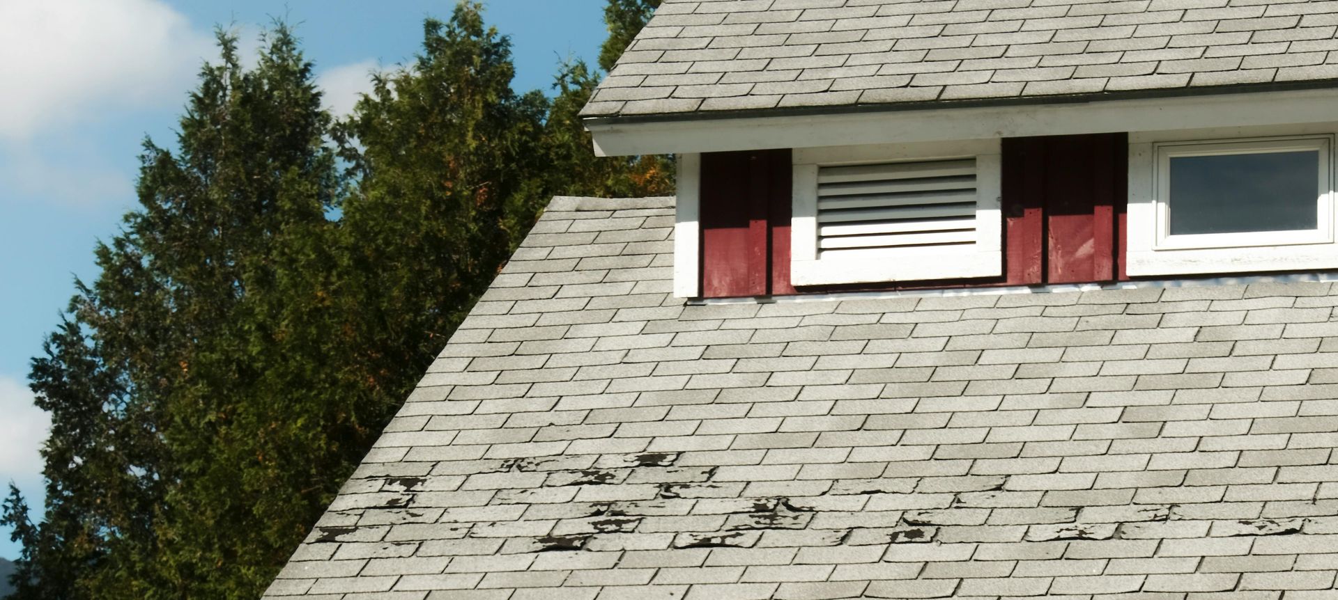 House roof with peeling shingles and dormer windows against a blue sky, trees at left