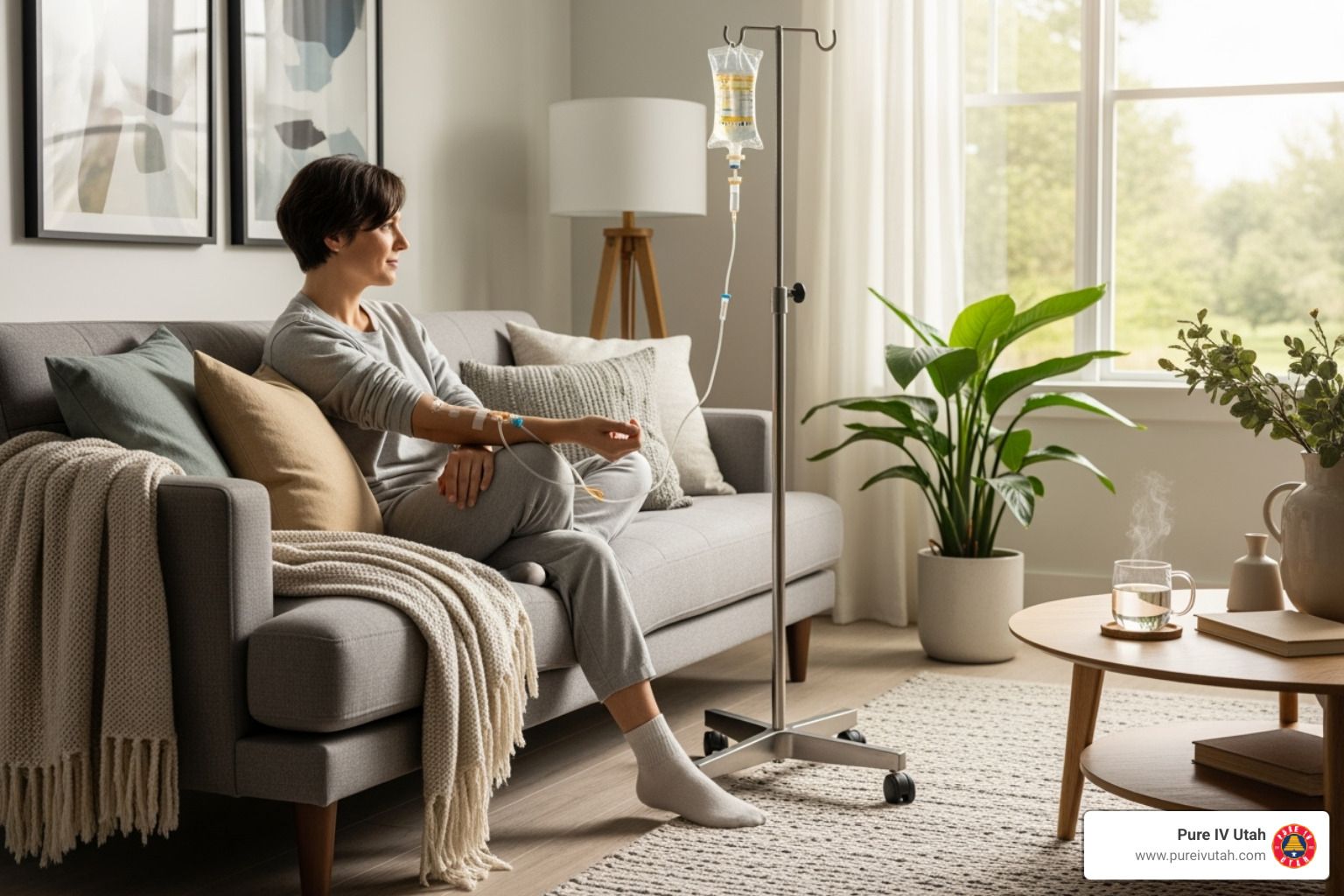 Woman receives IV infusion on a couch at home; sunny window and houseplants visible.