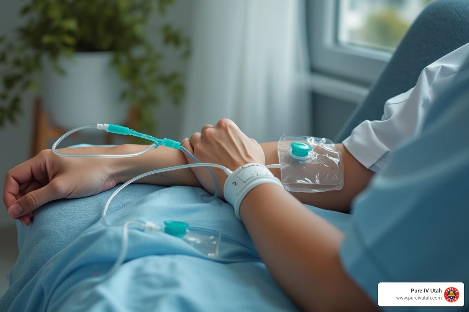 Person's arm with IV drip in hospital bed, blue gown, with window in the background.