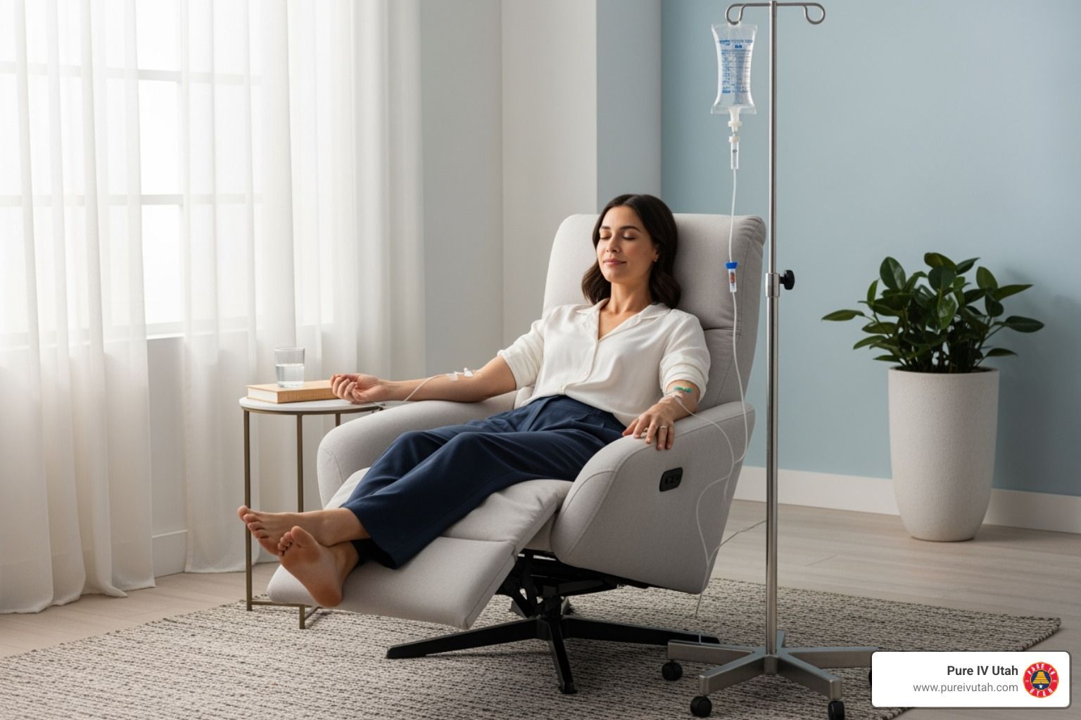 Woman receiving IV therapy in a comfortable recliner, in a light blue room.