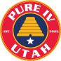 The logo for pure iv utah is a red circle with a yellow pyramid in the middle.