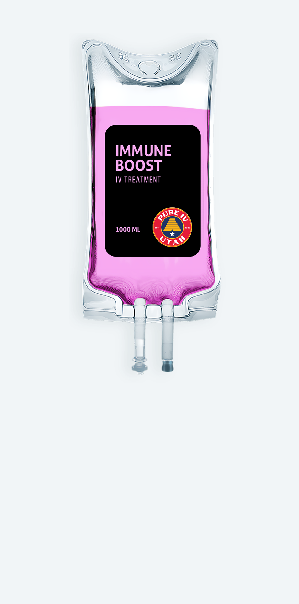 A pink bag with a black label that says `` immune boost '' on it.