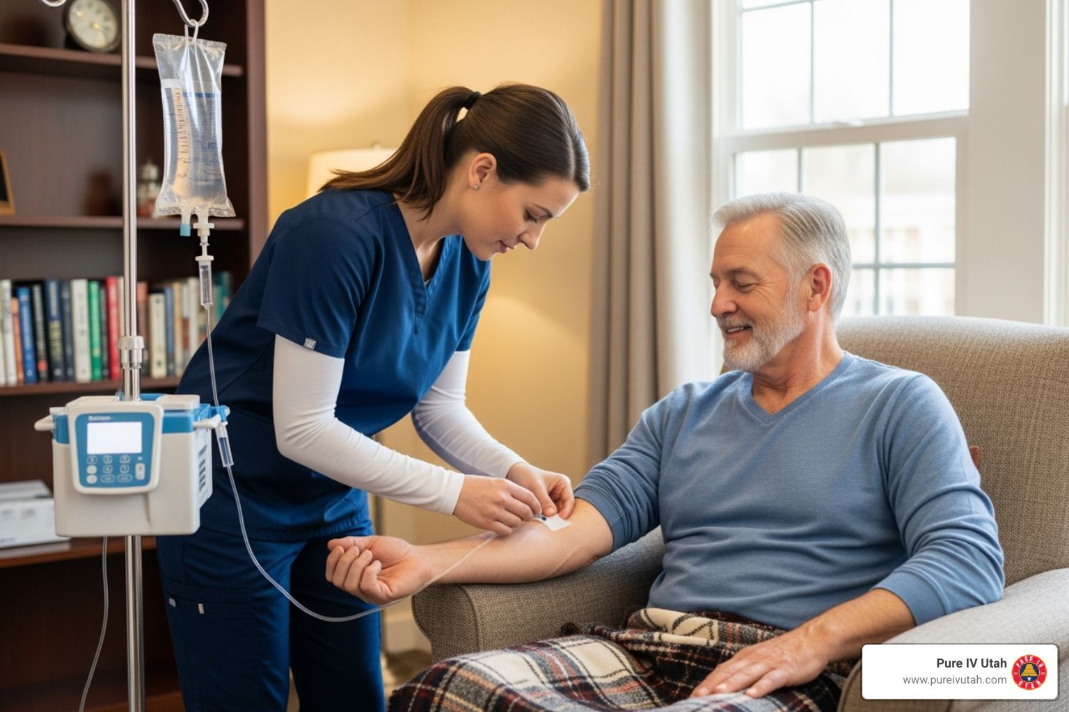 Nurse setting up IV on an older man in a home.