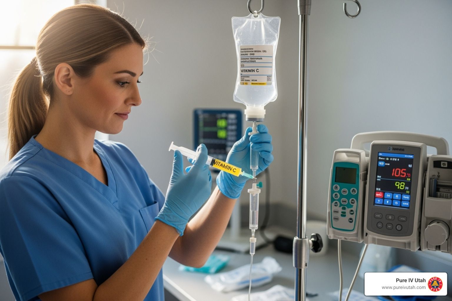 Nurse in blue scrubs preparing IV bag with syringe in a hospital setting.