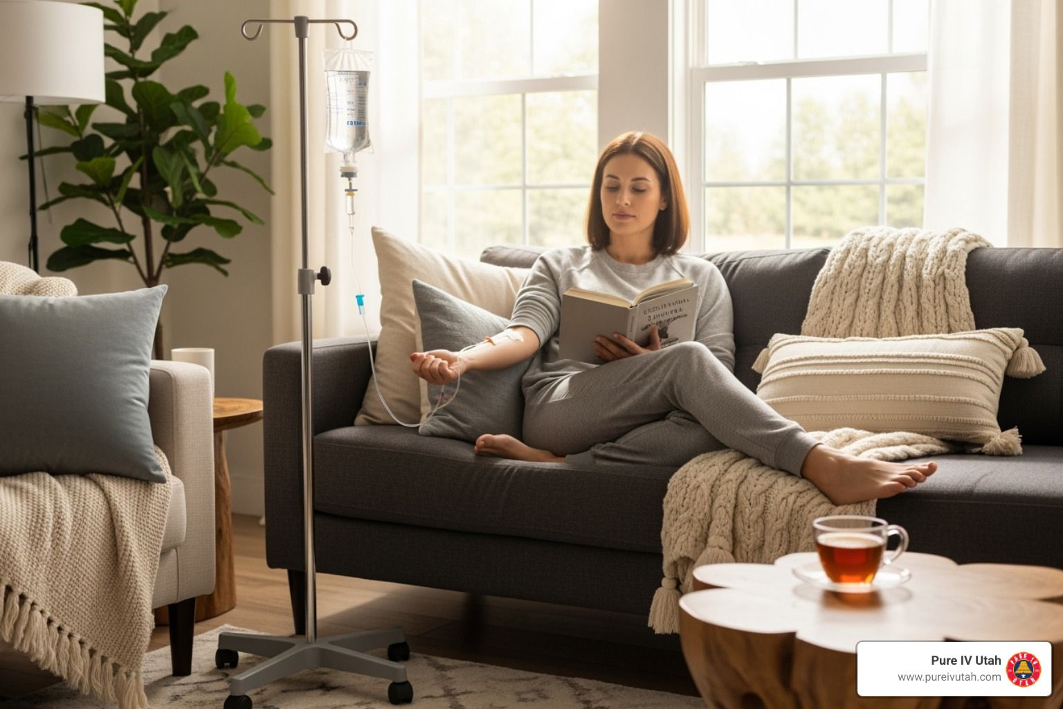 Woman receiving IV therapy, reading on couch, near window. Living room setting.