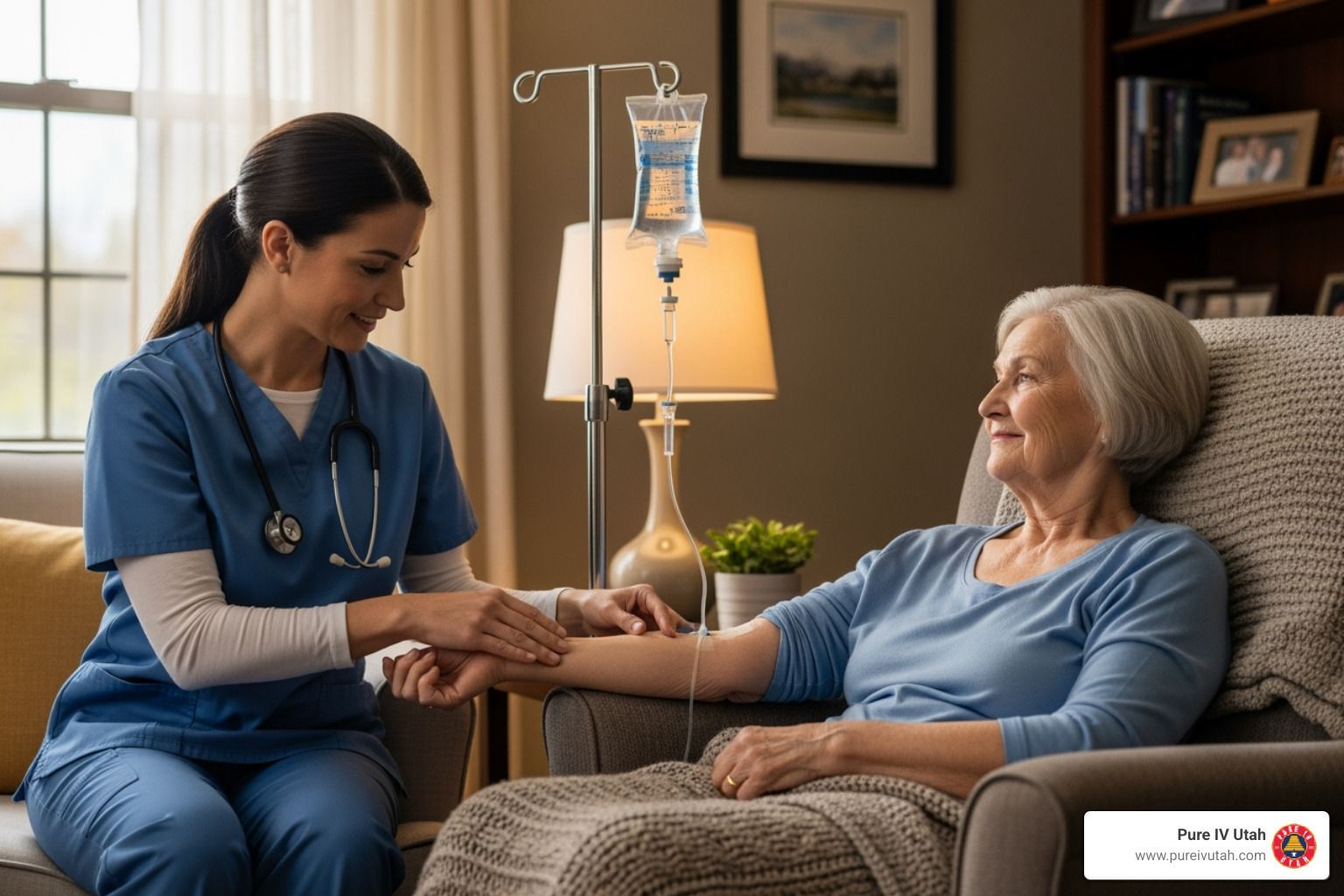 Nurse administering IV fluids to elderly woman at home.