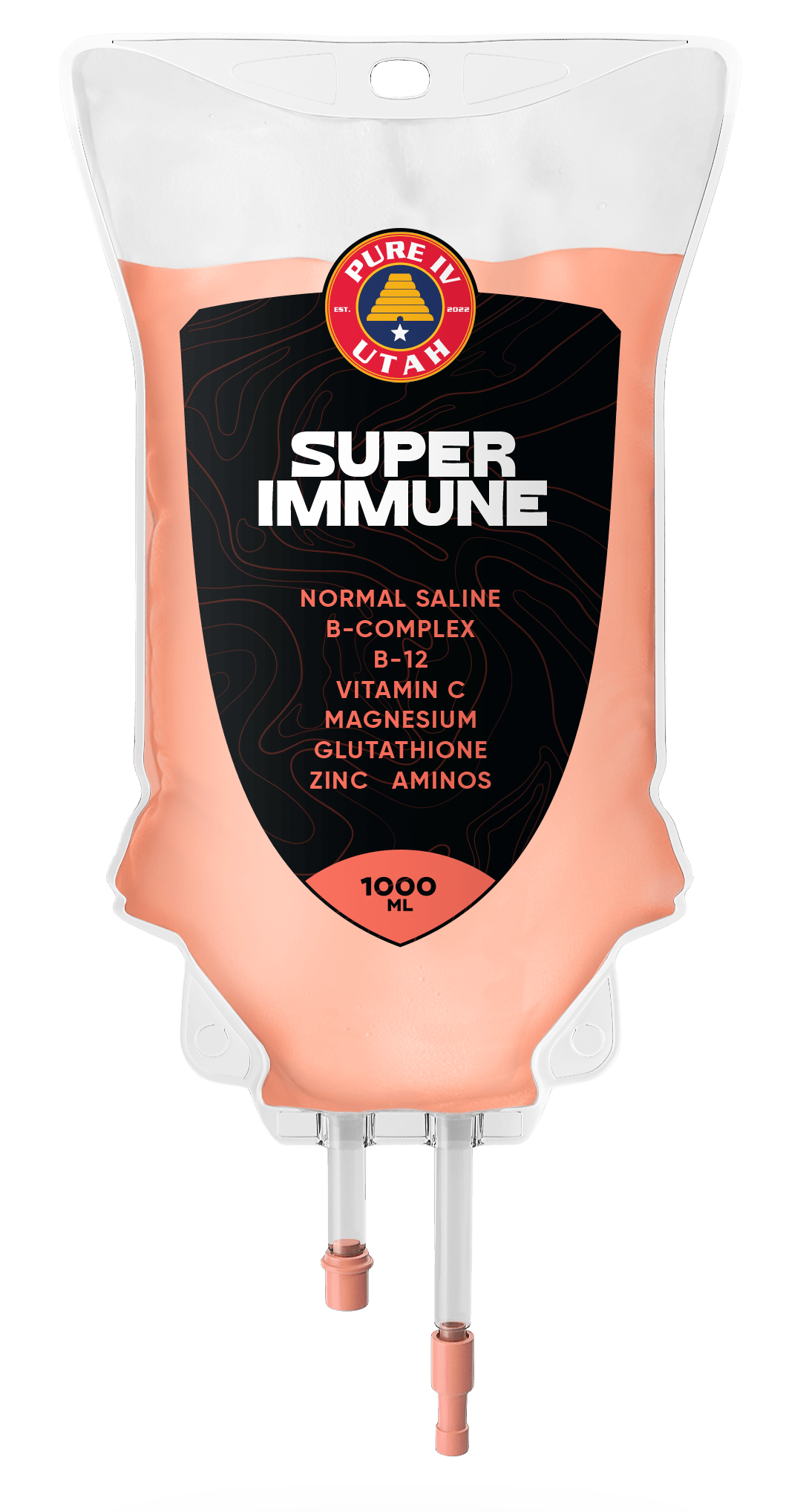 A bag of super immune is hanging on a white wall.