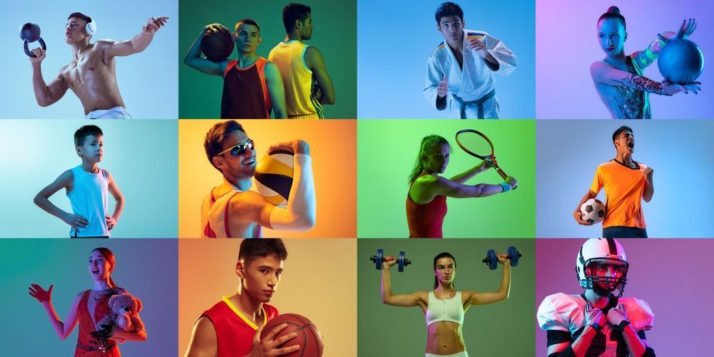 A collage of different sports players on a colorful background.