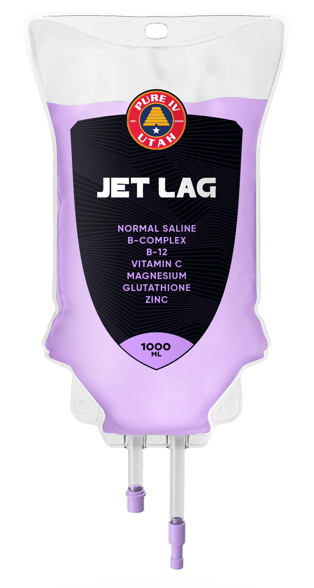 A bag of jet lag is sitting on a white surface.