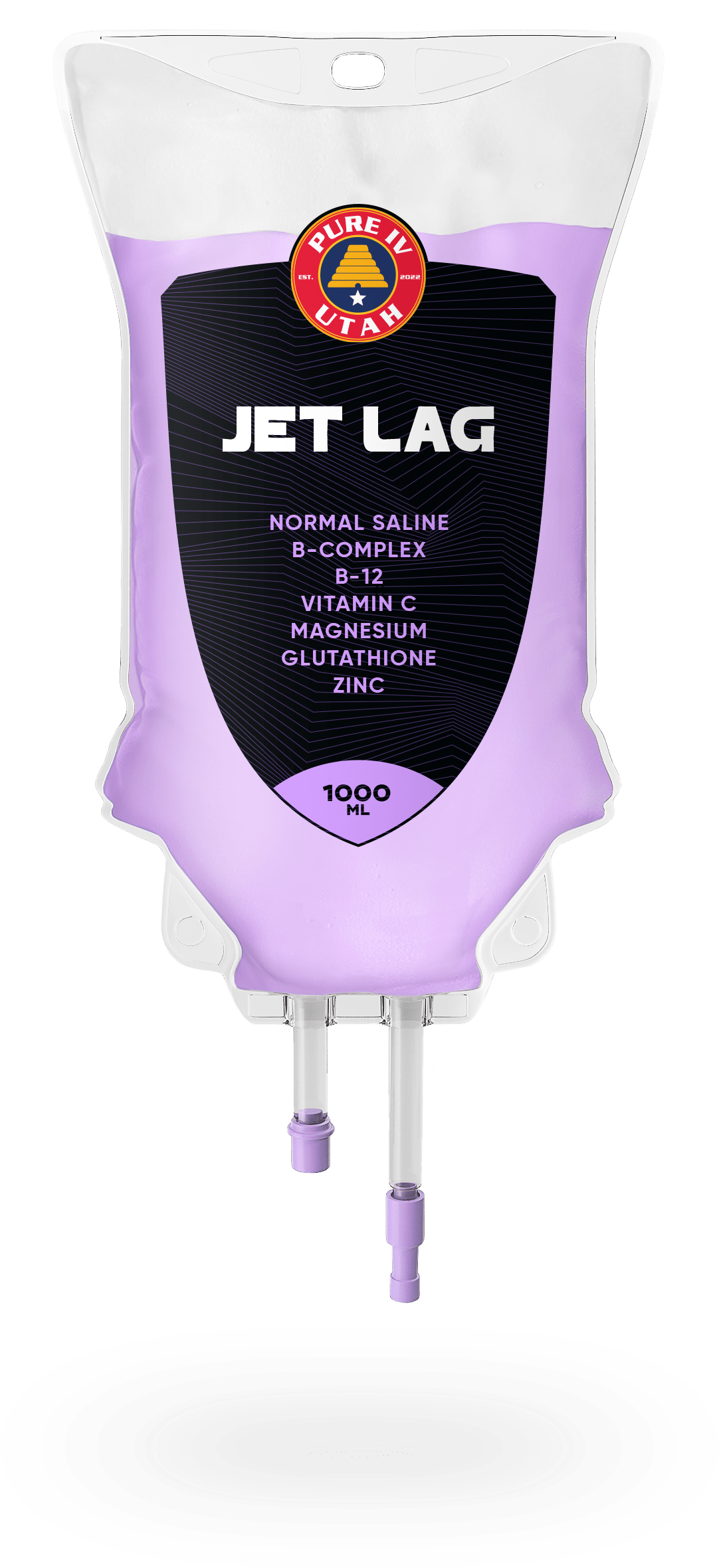 A purple bag with a black label that says jet lag