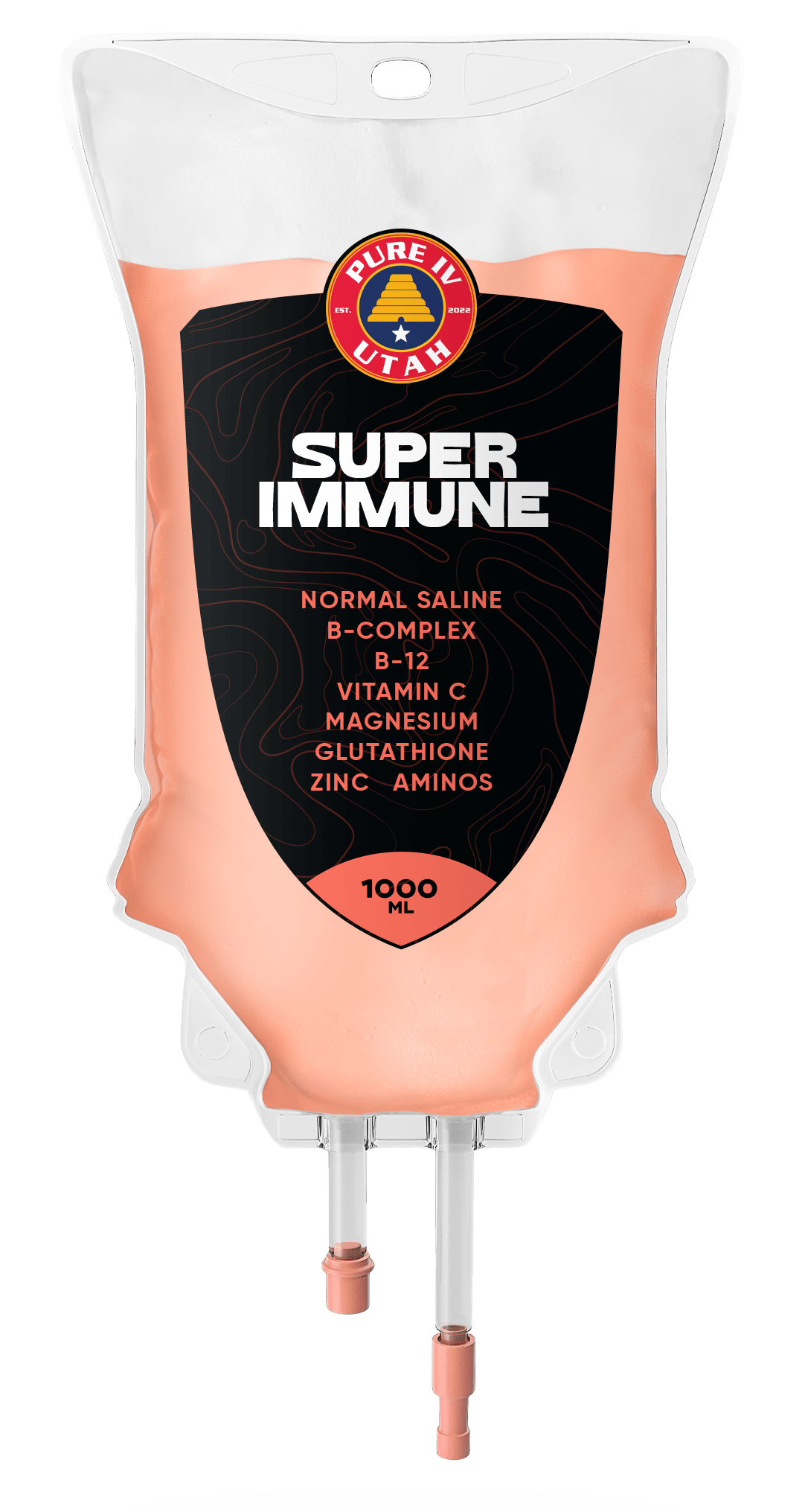 A bag of super immune juice with two tubes attached to it.