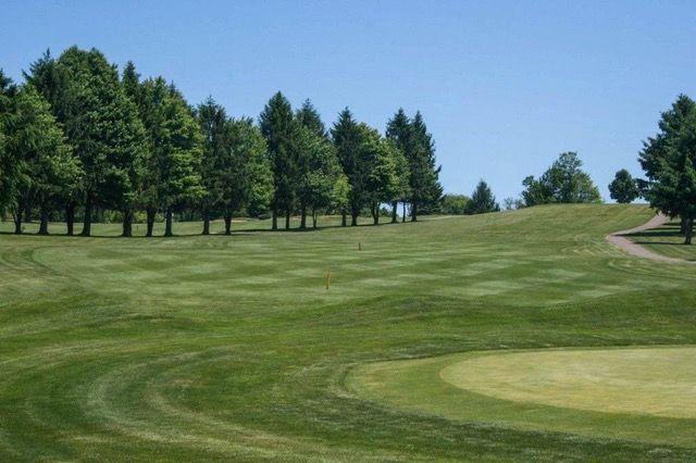 A green golf course fairway slopes uphill, lined with a row of evergreen trees under a clear blue sky.