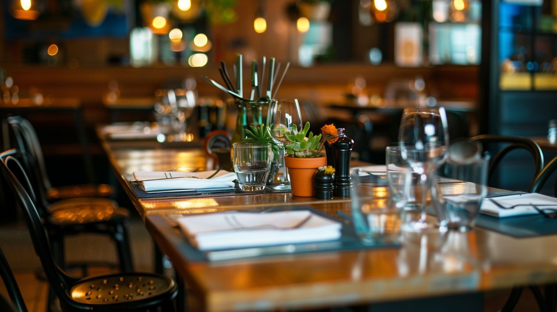 A warm, dimly lit restaurant dining room featuring tables set with white napkins, glassware, and small potted plants.