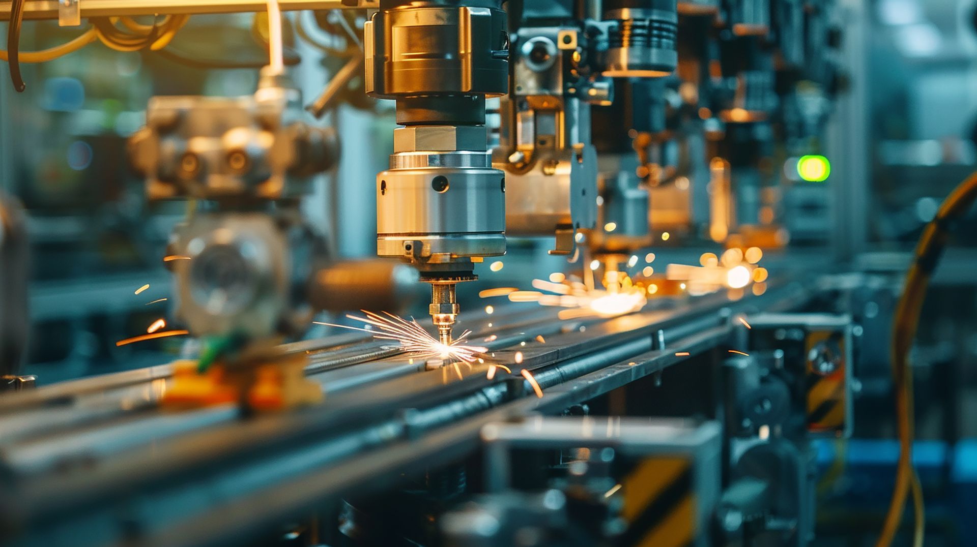 Industrial machinery on an automated assembly line performing precise welding, emitting bright sparks on a metal track.