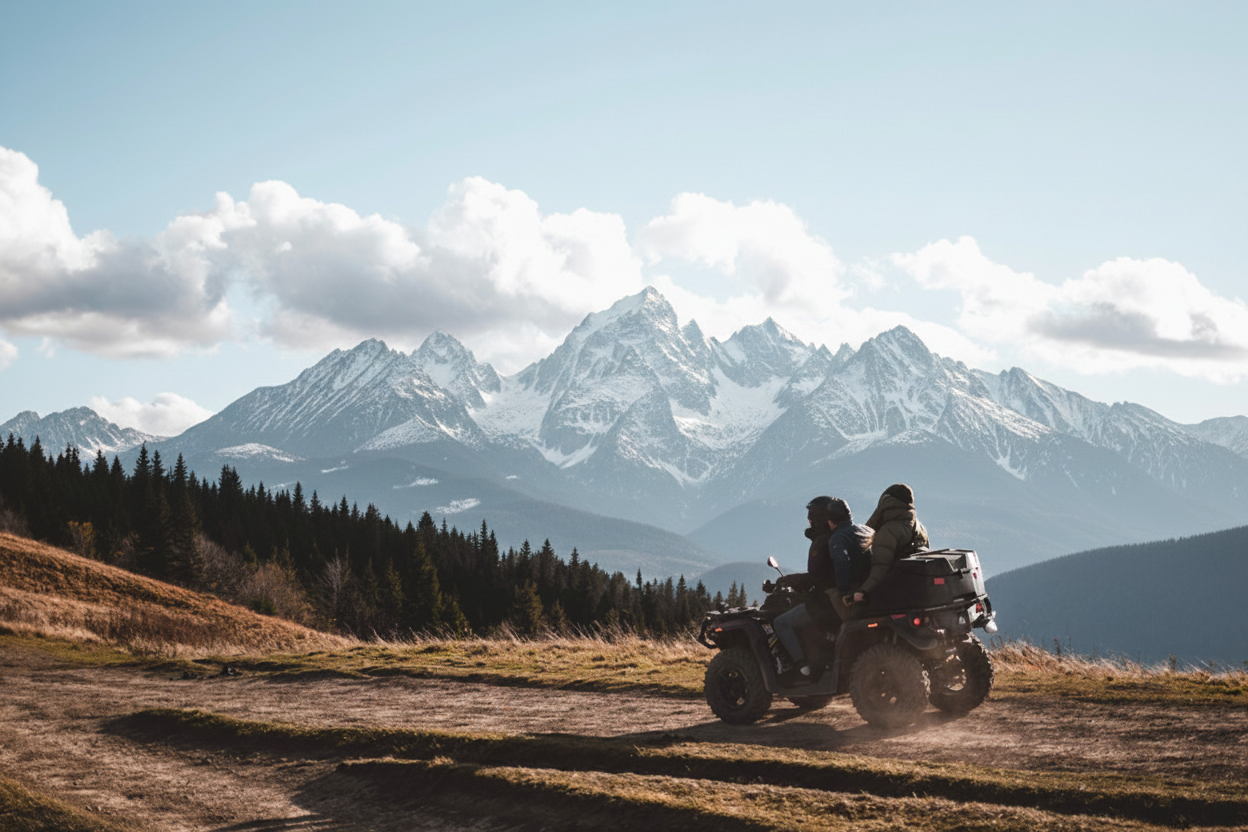 Couple riding on one quad with beautiful view on mountains.