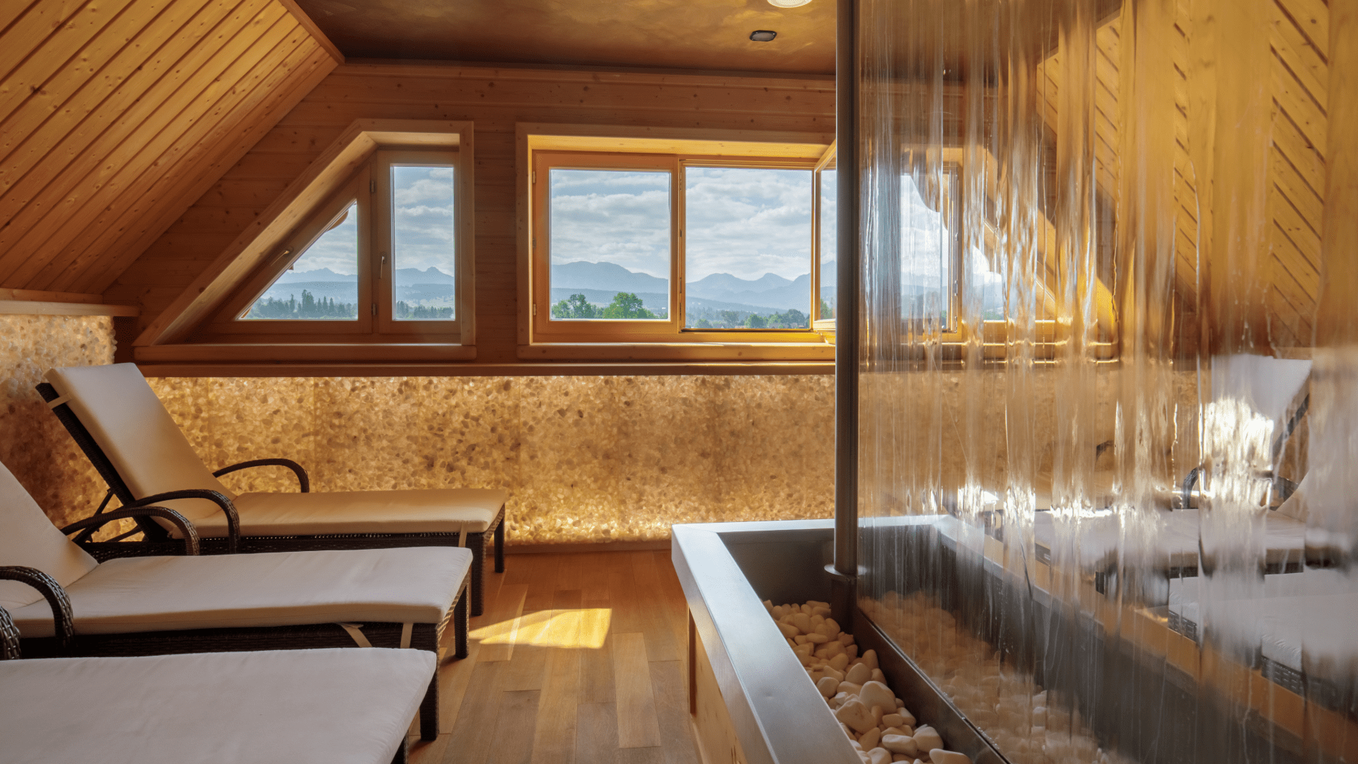 Interior of wooden chalet with mountain view