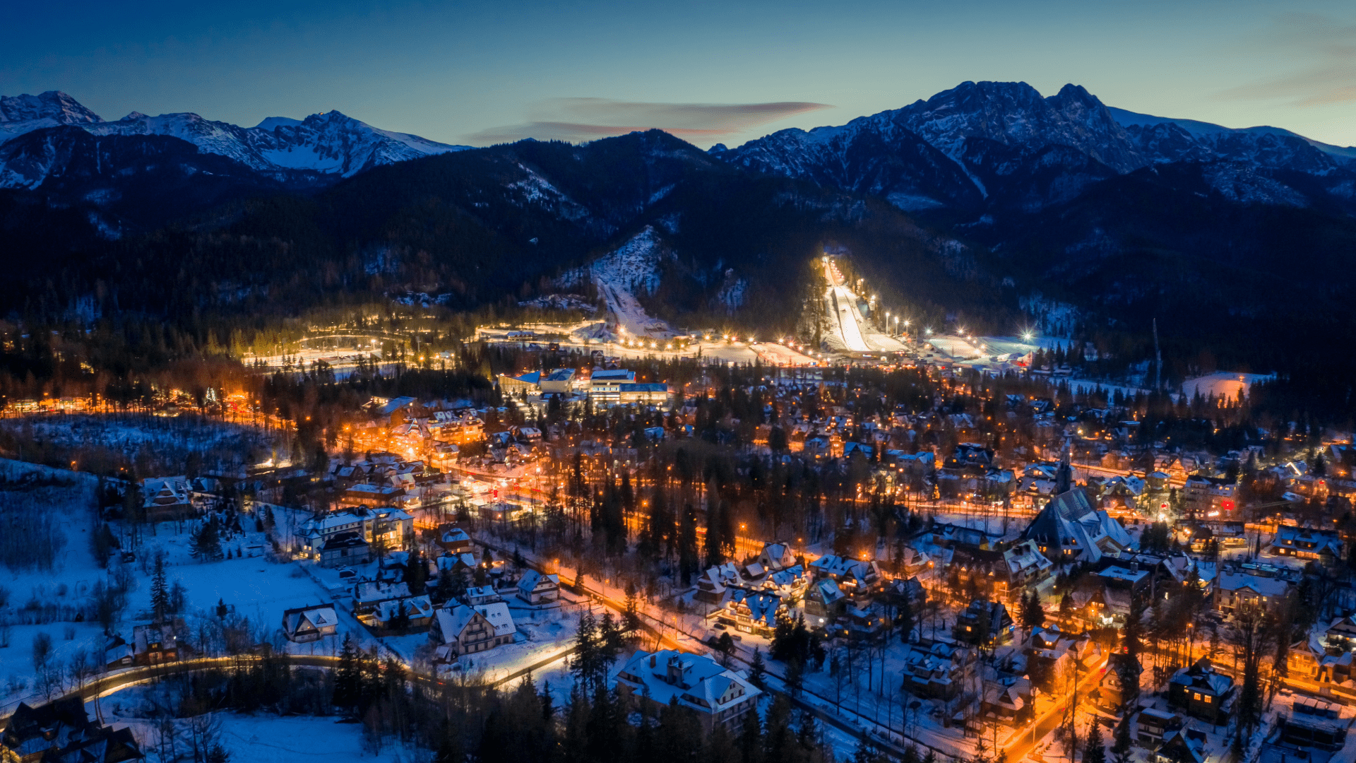 Aerial view of Zakopane in winter evening