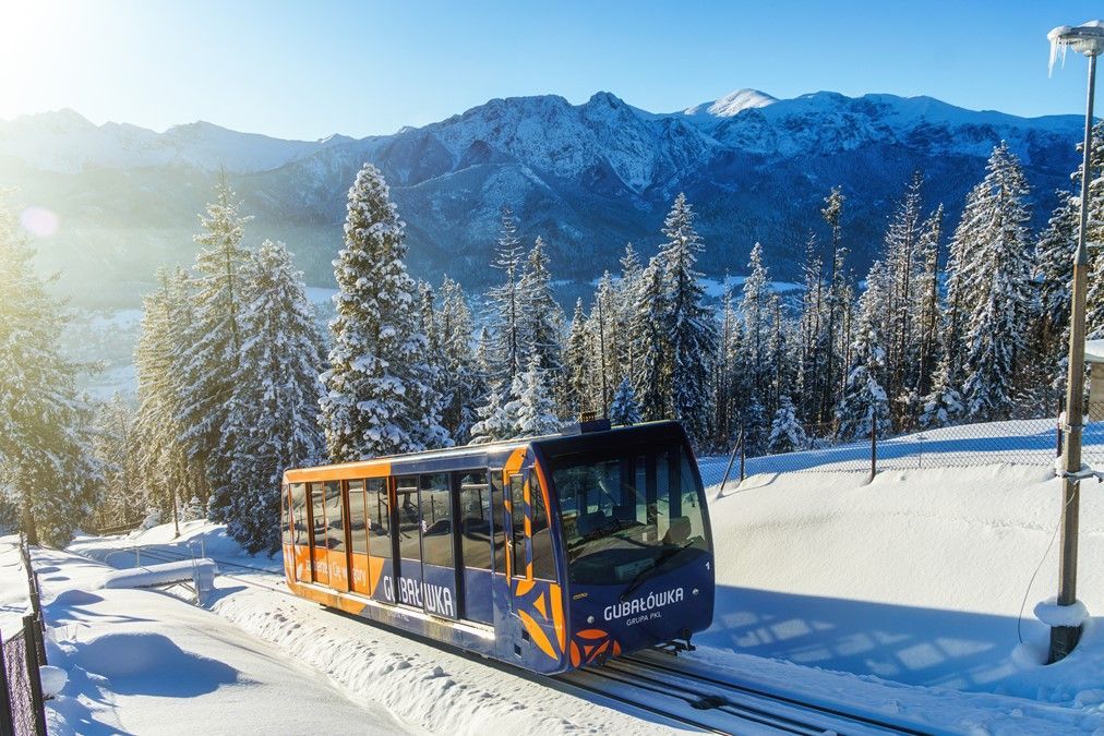 Funicular driving to Gubałówka Mountain in Zakopane, Tatra Mountain in the background and winter views