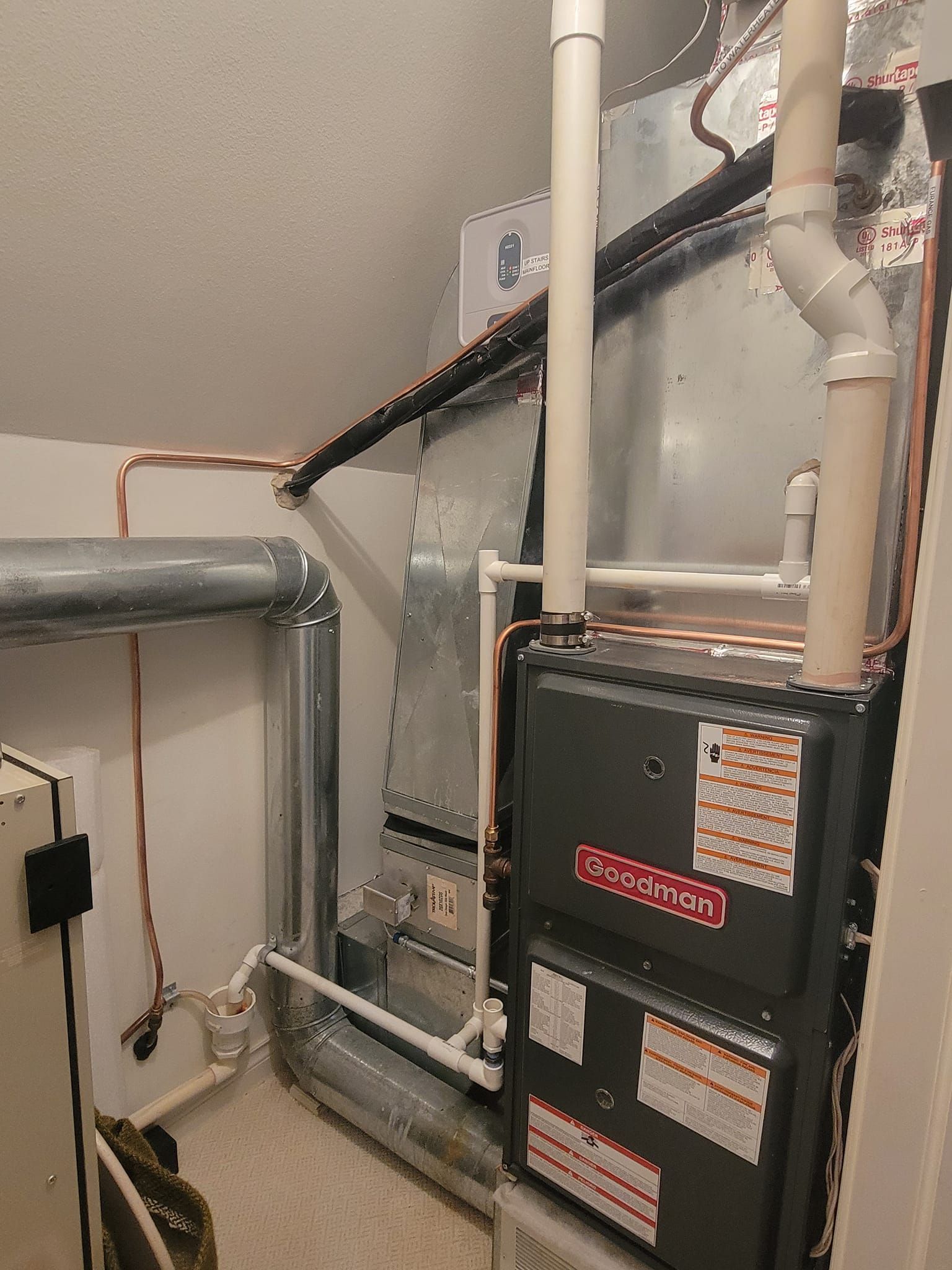 A room with a furnace and pipes in it.