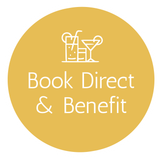 A yellow circle with the words `` book direct & benefit '' on it. t Klooster Hotel Curacao