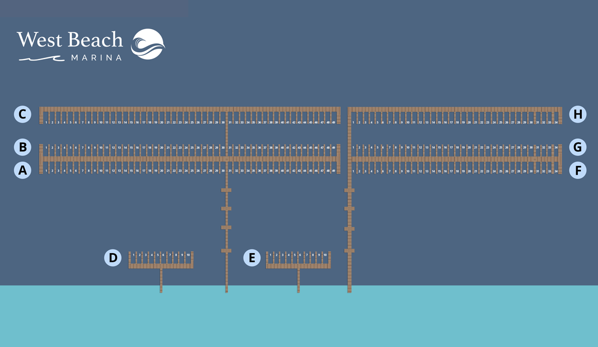 West Beach marina map. Shows docks labeled A-H. Legend indicates slip fees.
