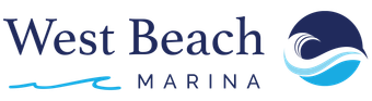West Beach Marina logo with text and wave graphic.