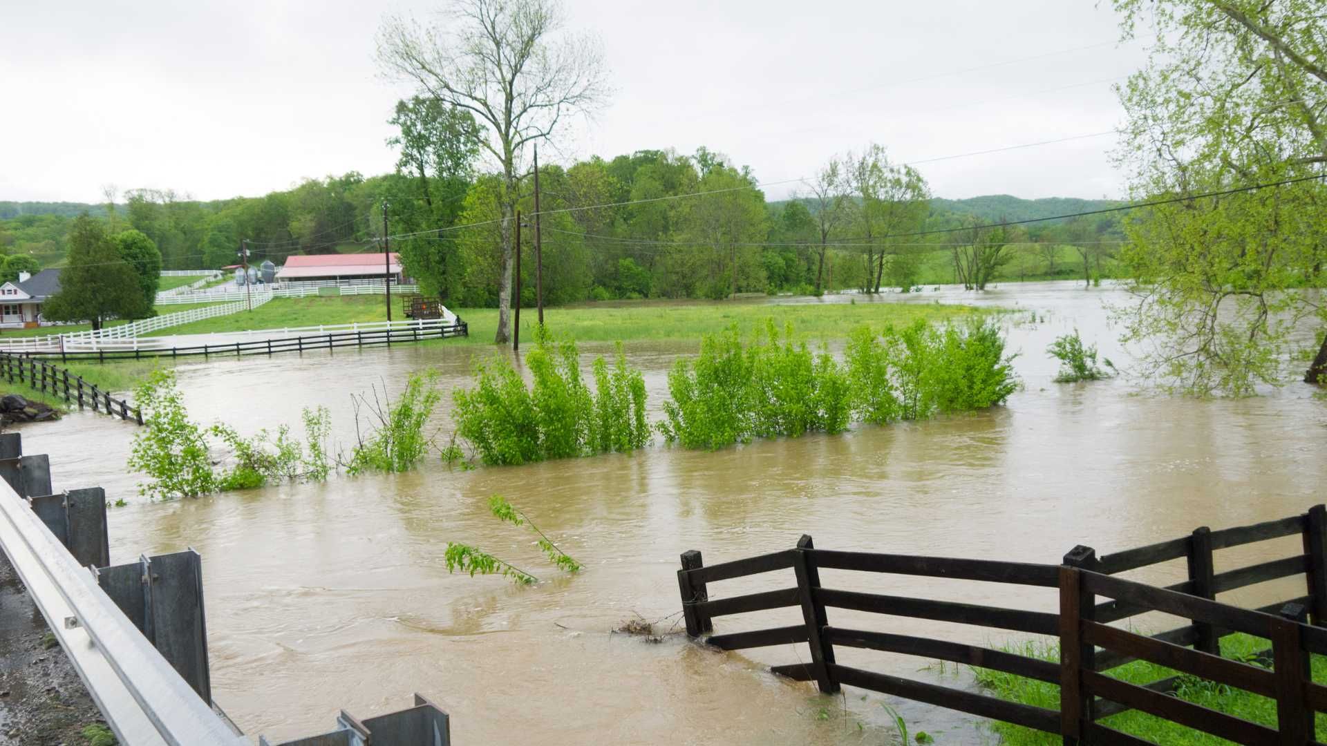 A flooded field with a wooden fence in the foreground.