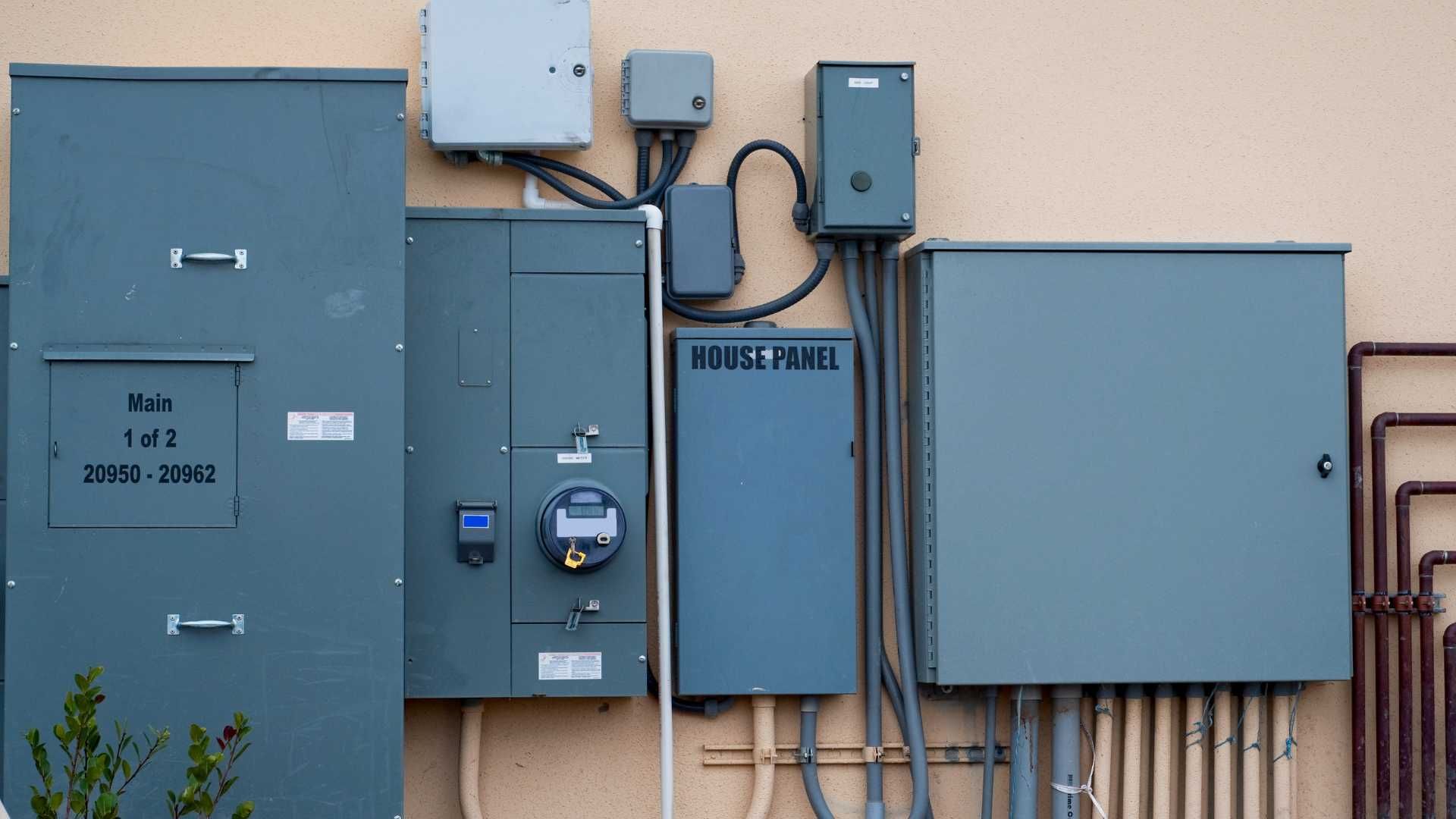 A wall with a lot of electrical boxes on it