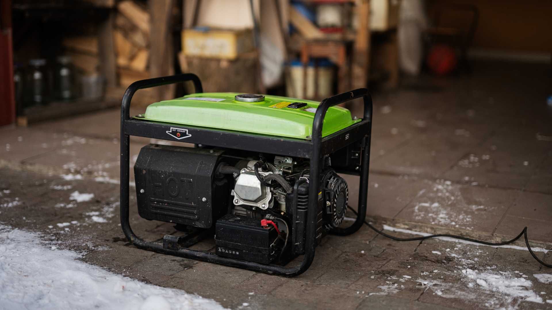 A green generator is sitting on the ground in a garage.