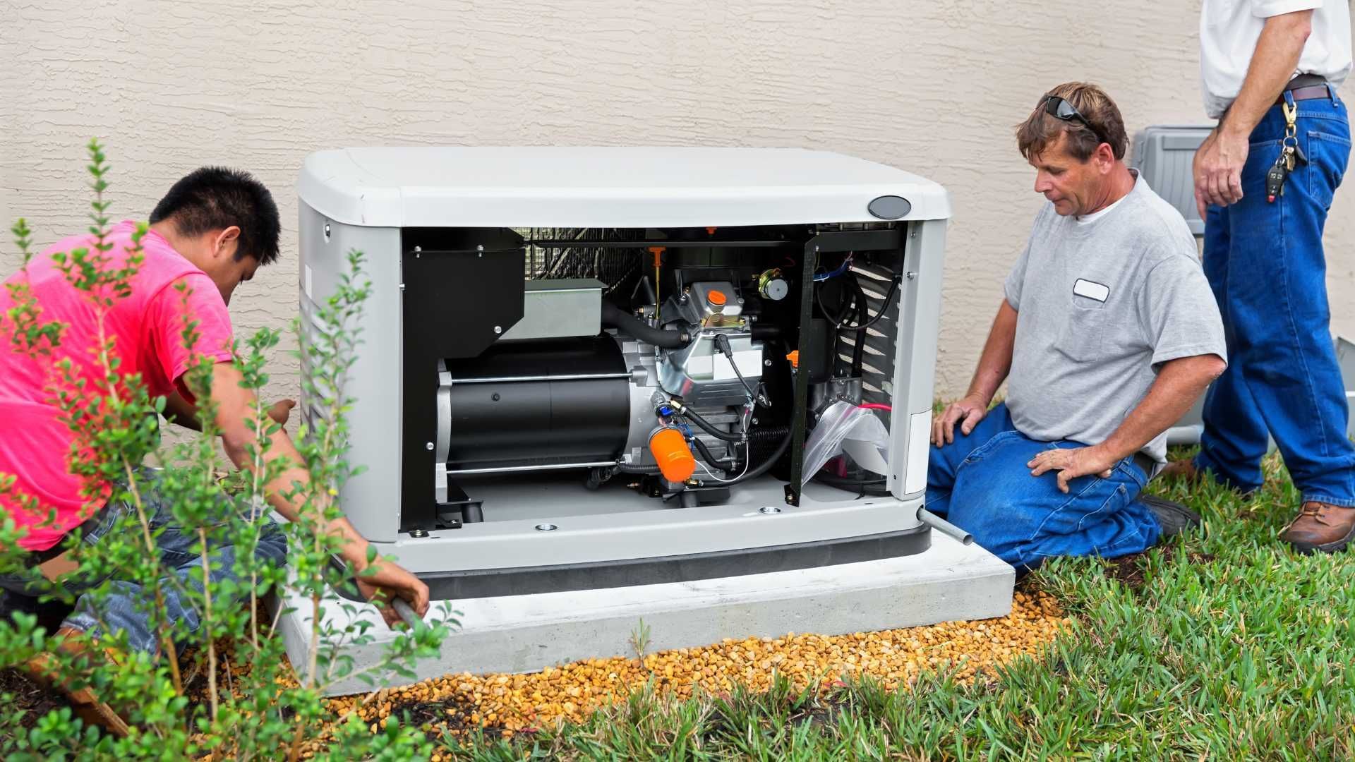 Two men are working on a generator outside of a building.