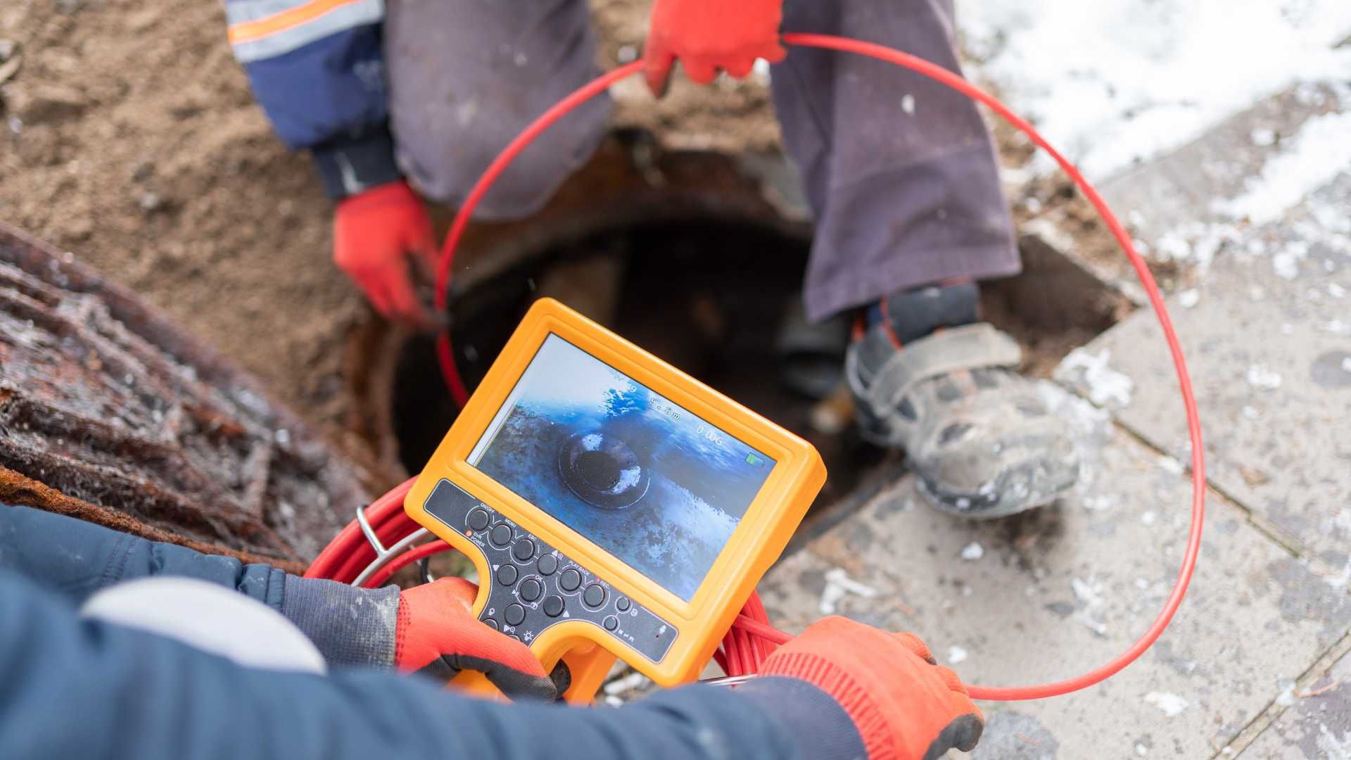 A man is using a camera to look into a manhole.