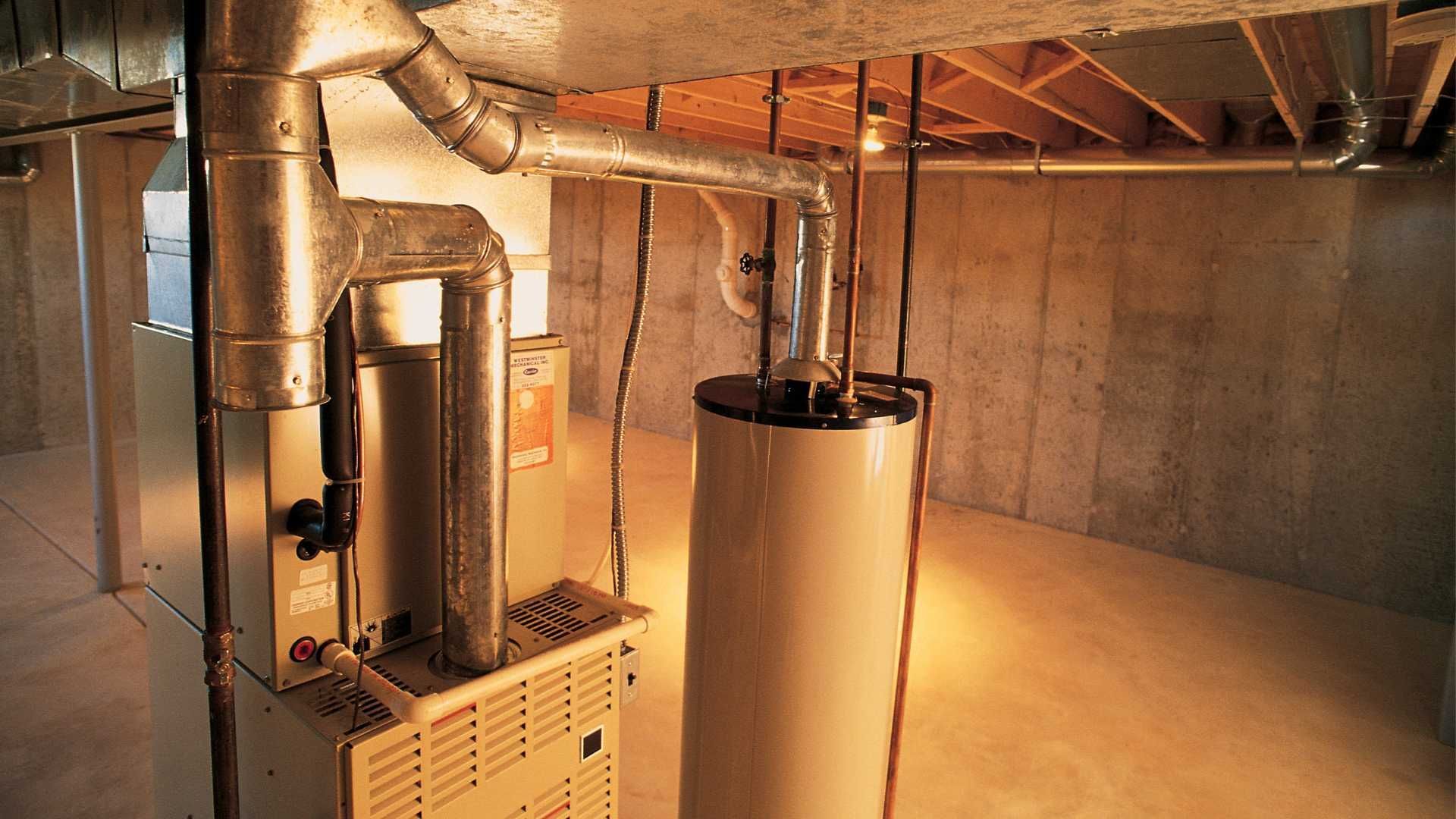 A basement with a furnace and a water heater