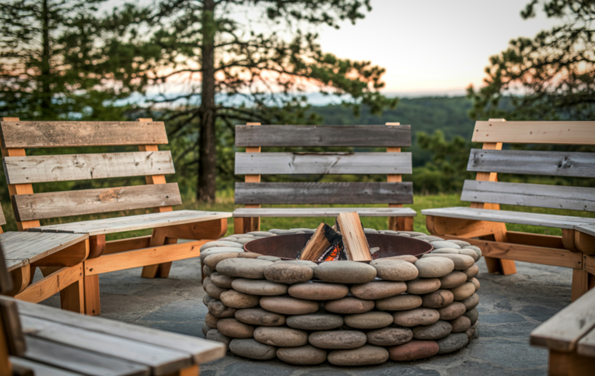 Fire pit surrounded by wooden benches, in a natural outdoor setting.