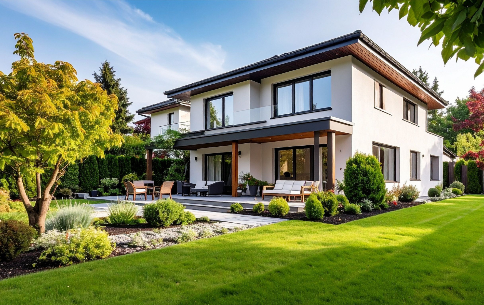 Two-story white house with a patio, lush green lawn, and garden under a blue sky.