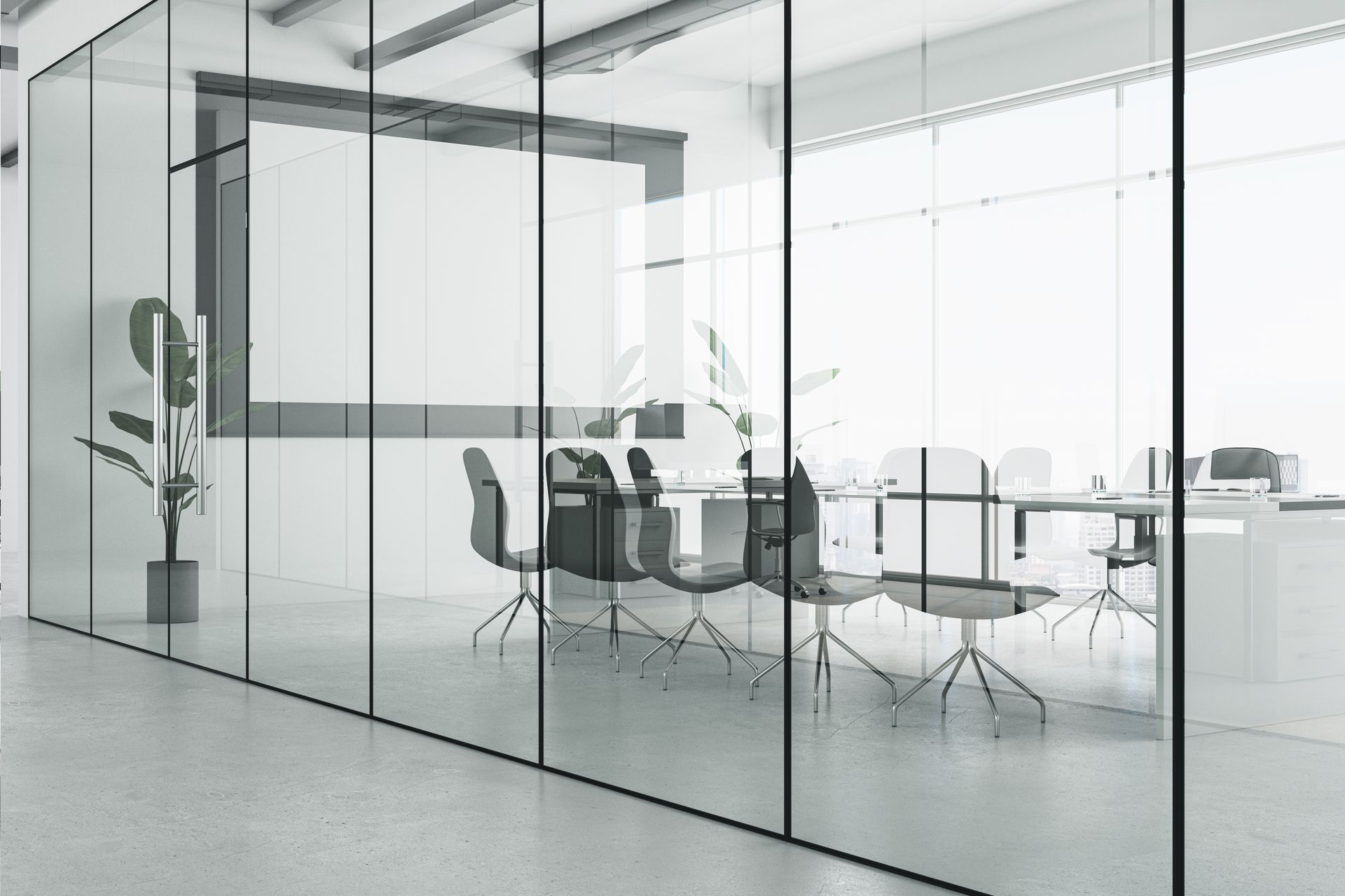 Modern office with glass walls, a conference table, chairs, and a plant.