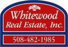 Whitewood Real Estate logo: Red and white text, blue border, phone number.