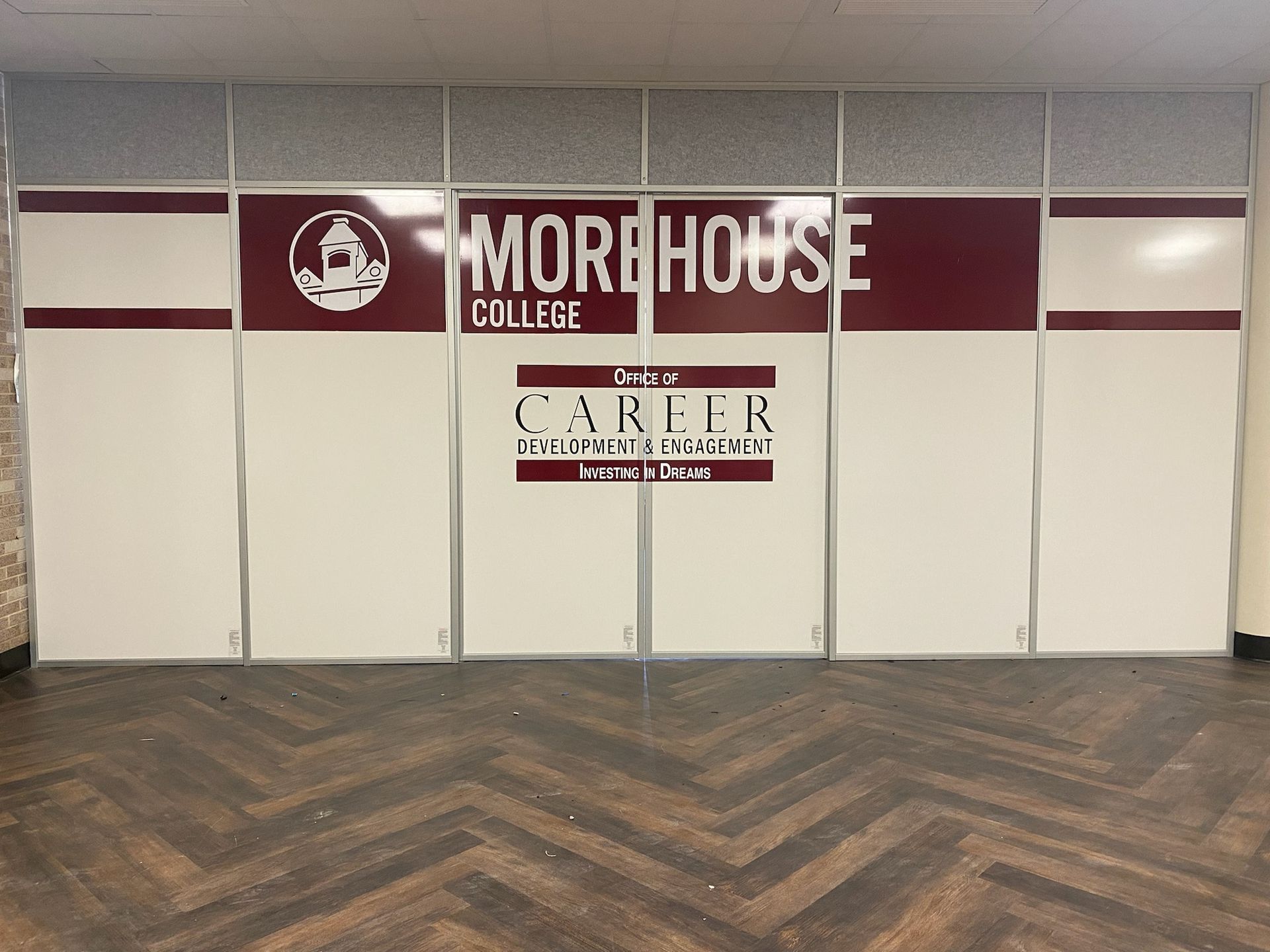 A room with a sign that says morehouse college on it