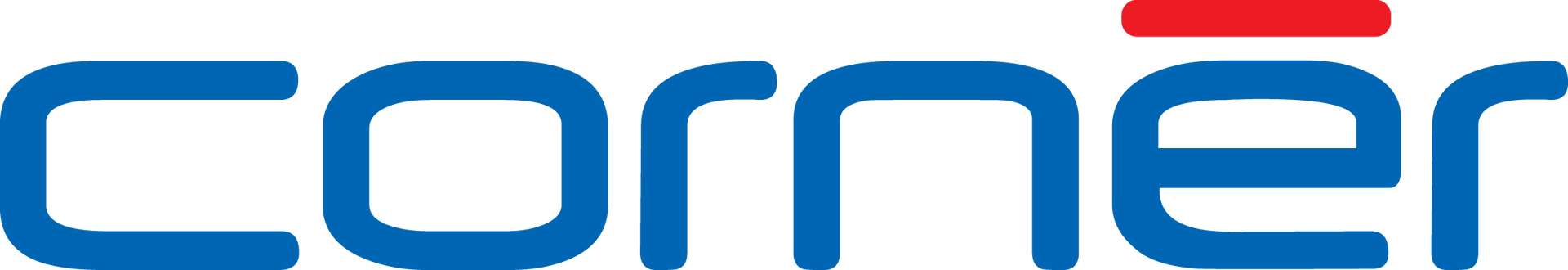 Das Wort „corner“ in Blau, mit einem roten Balken über dem „e“.